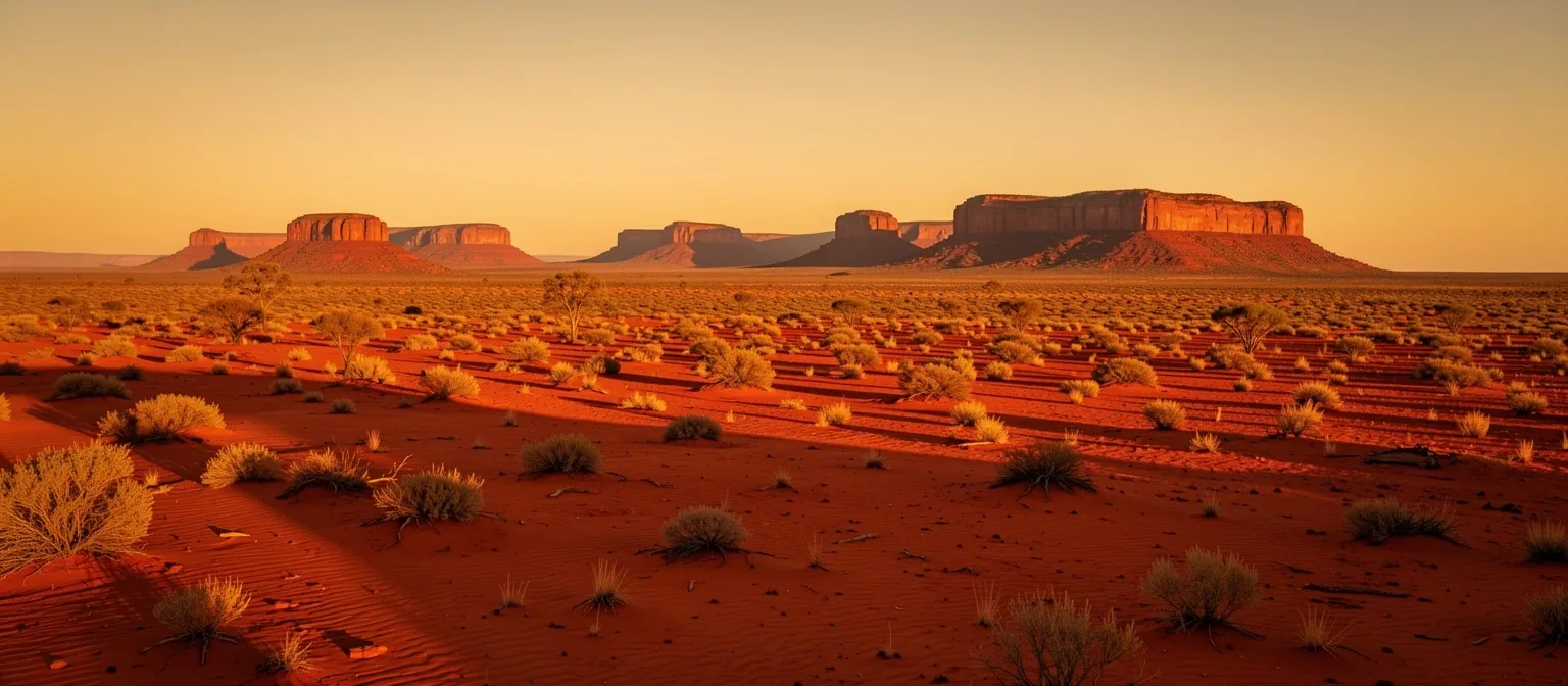 Australian outback landscape at golden hour with warm amber light