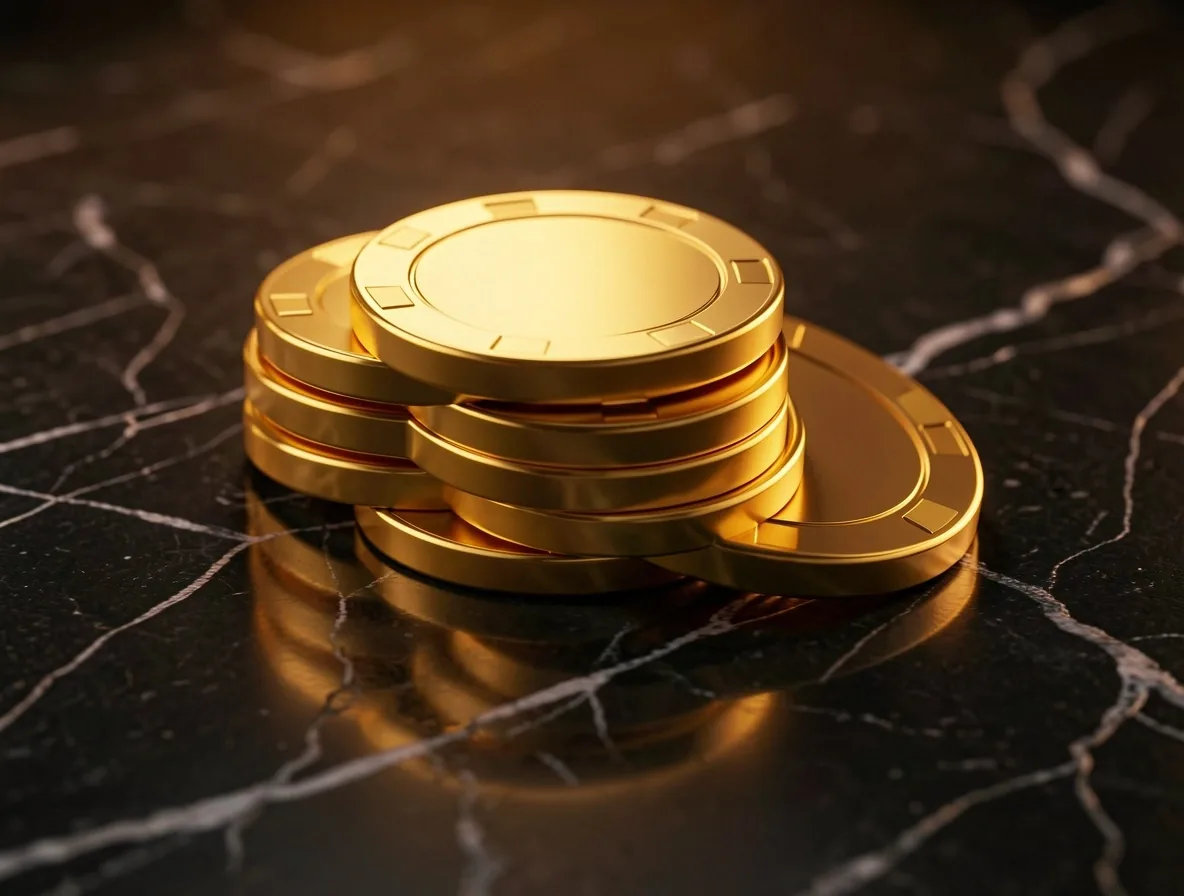 Glowing golden virtual gaming chips on dark reflective surface