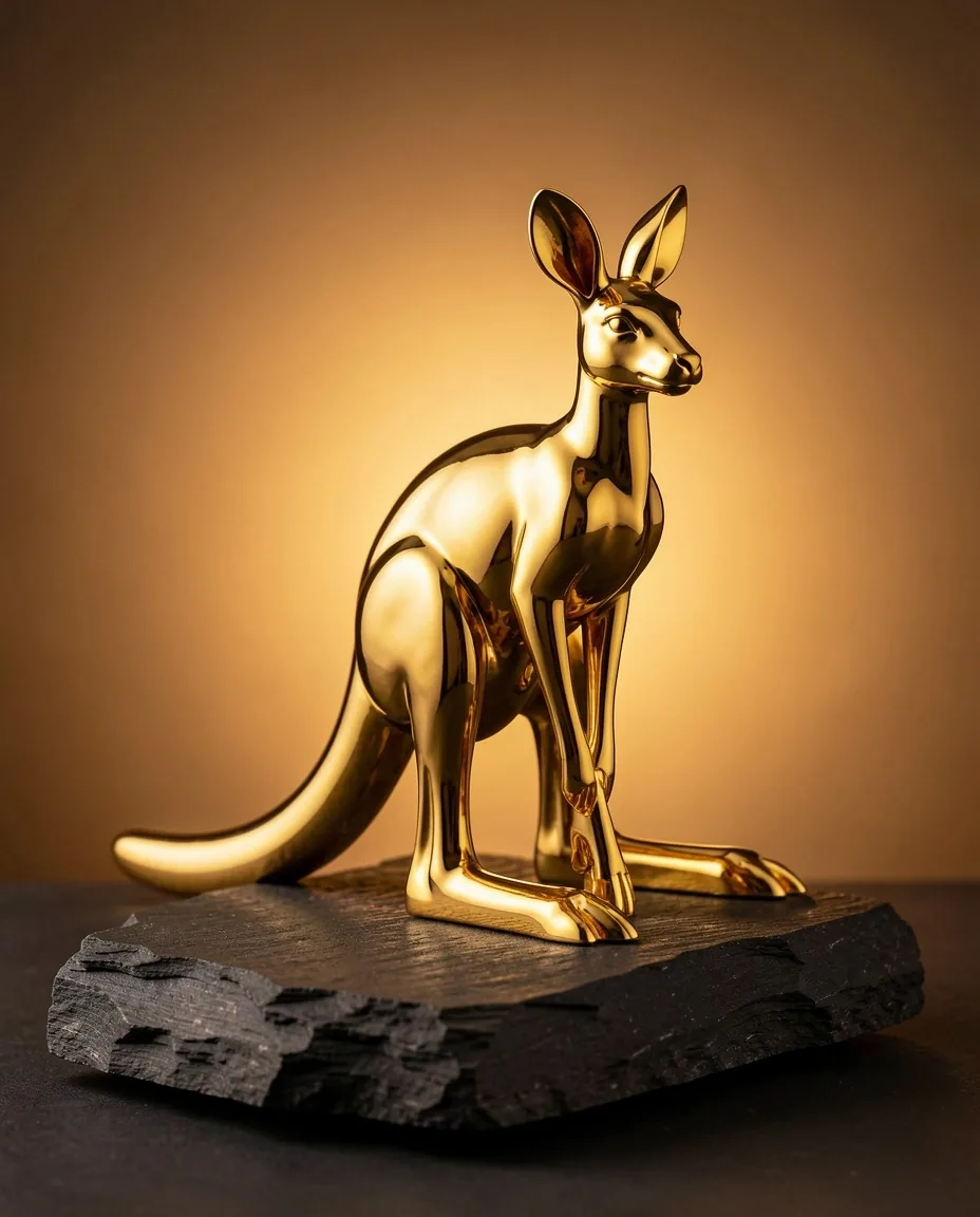 Golden kangaroo gaming figurine on dark surface with amber lighting