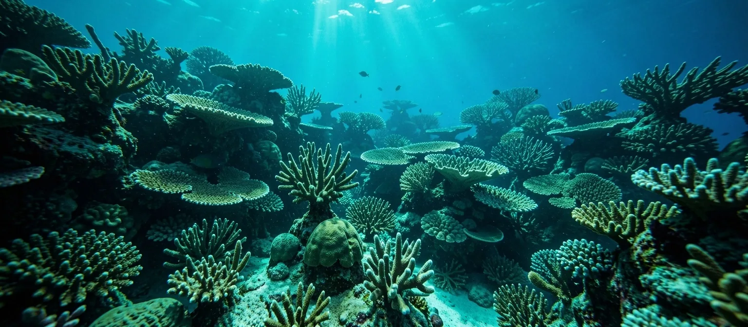 Underwater coral reef with turquoise neon light