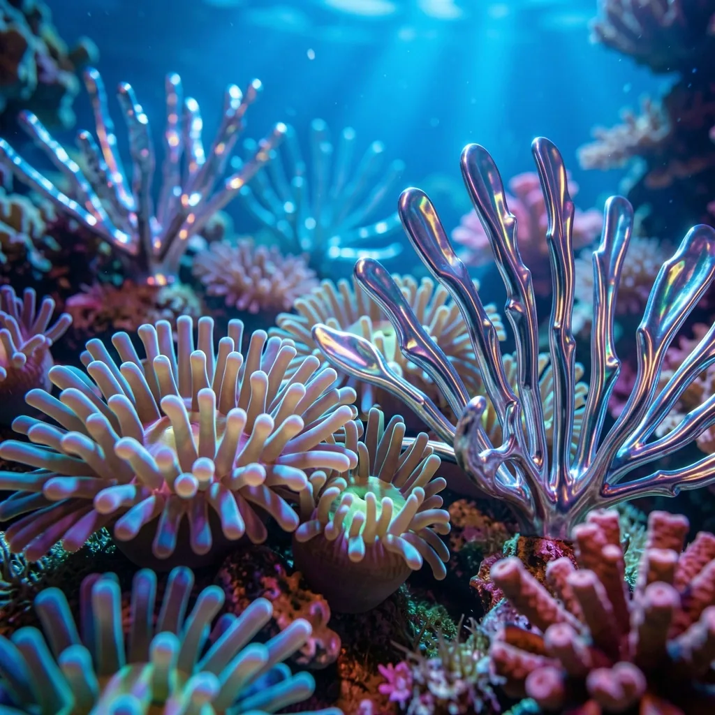 Glowing metallic coral reef formation with tropical fish