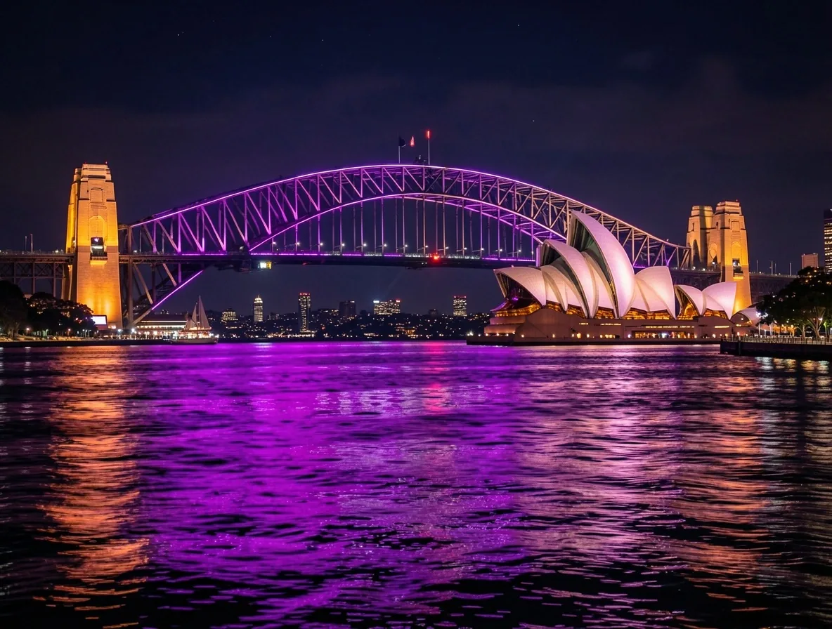 Sydney Harbour at night with neon lights