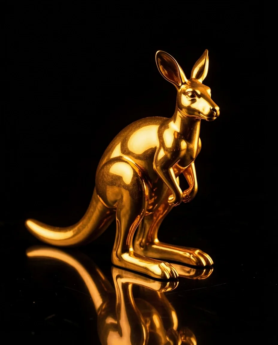 Golden kangaroo figurine on a dark surface