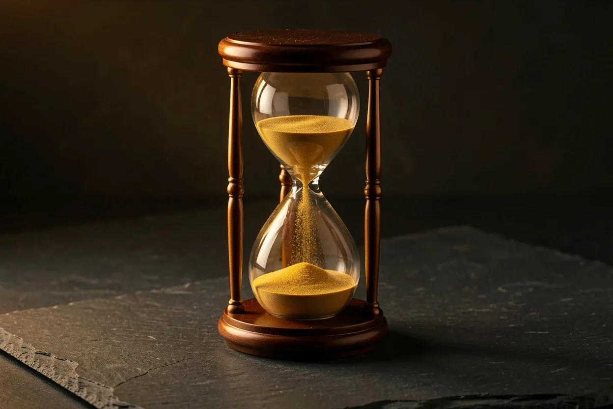 Golden hourglass on a dark surface