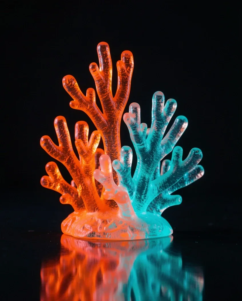 Metallic coral reef sculpture with neon reflections