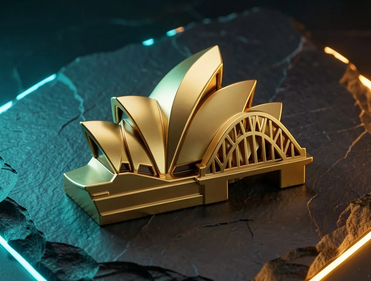Stylized Sydney-themed metallic game symbols on dark surface